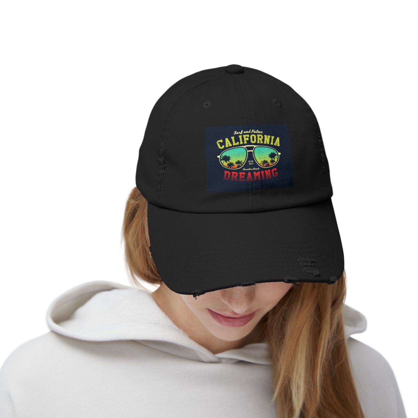 Unisex Distressed CapCARDIFF BLACK WITH SUNGLASS MOCKUP