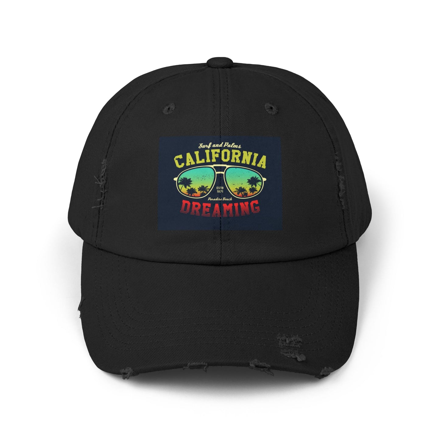 Unisex Distressed CapCARDIFF BLACK WITH SUNGLASS MOCKUP