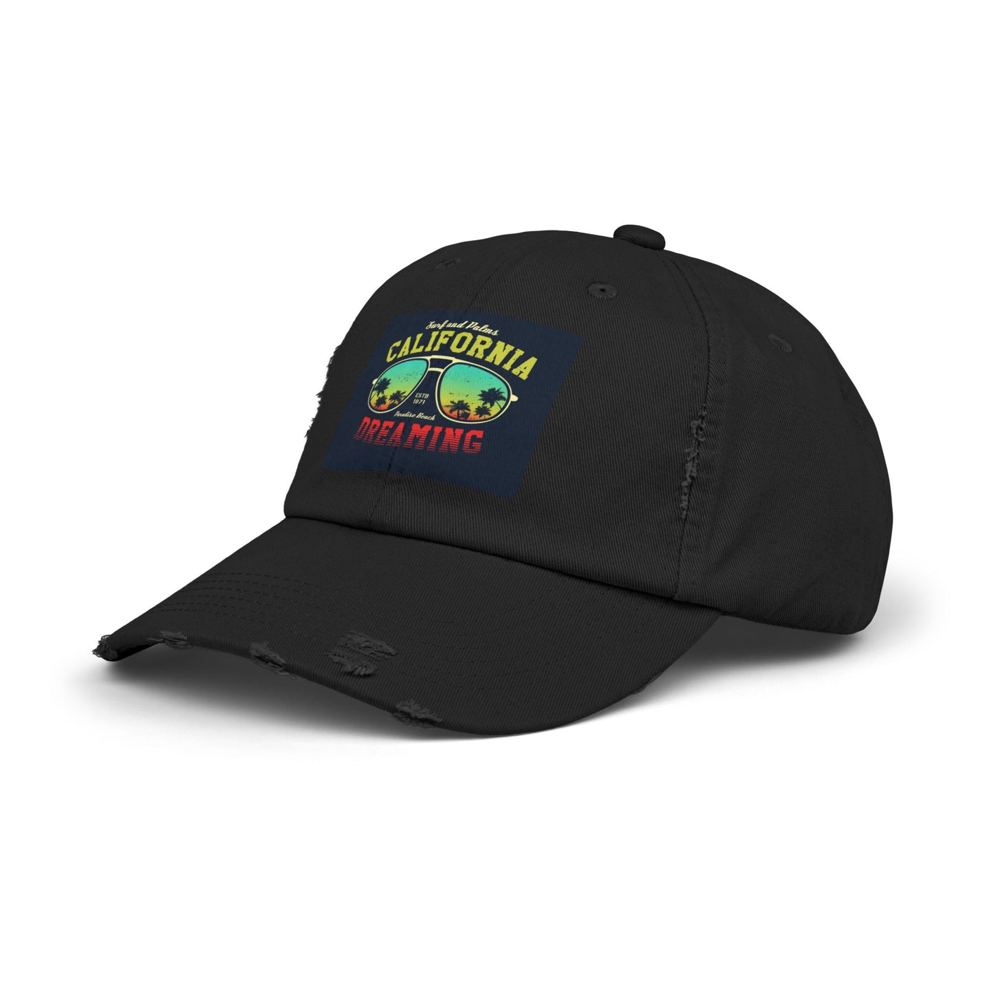 Unisex Distressed CapCARDIFF BLACK WITH SUNGLASS MOCKUP