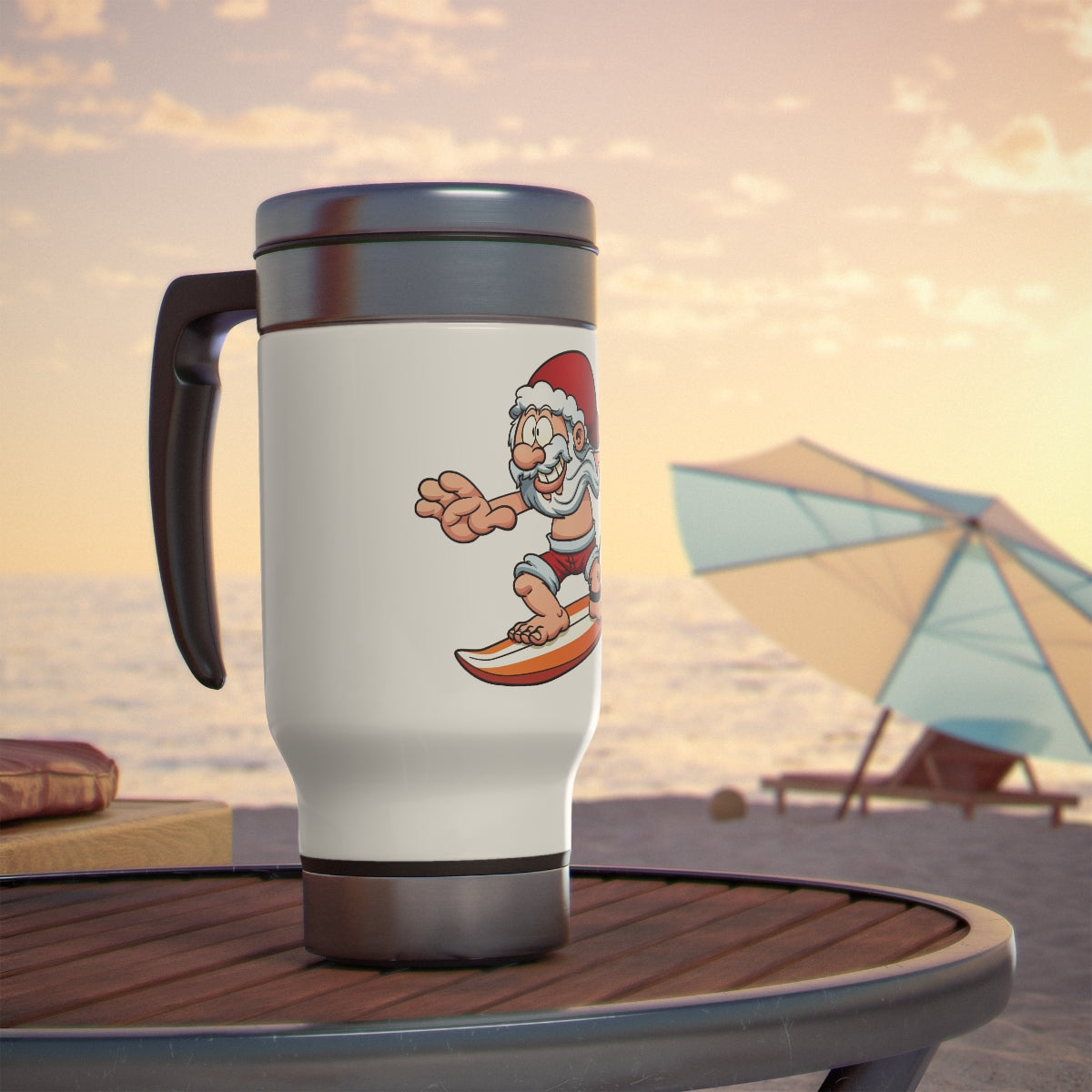 Stainless Steel Travel Mug with Handle, 14oz seasonal surfing Santa