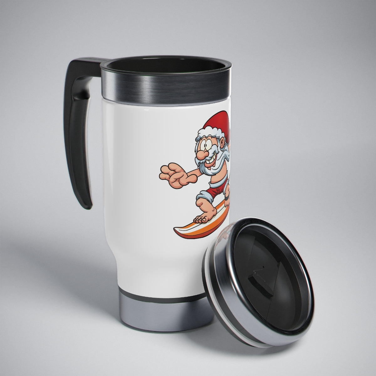 Stainless Steel Travel Mug with Handle, 14oz seasonal surfing Santa