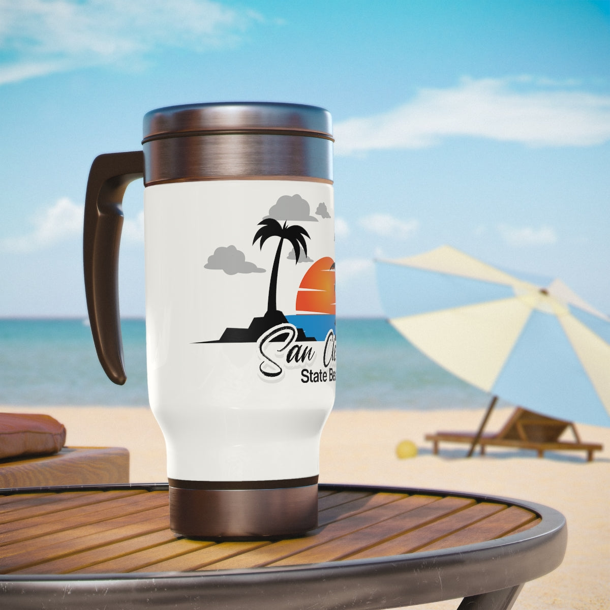 Stainless Steel Travel Mug with Handle, 14oz, San Clemente State Beach