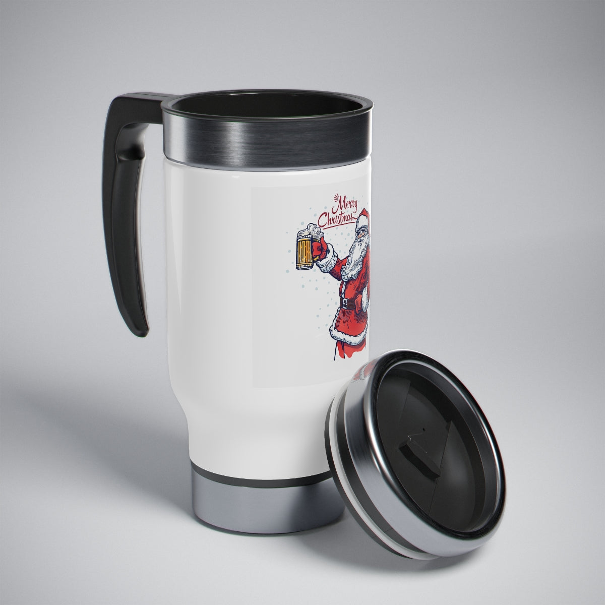 Stainless Steel Travel Mug with Handle, 14oz seasonal Santa toasting