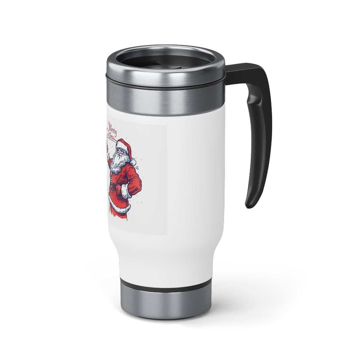 Stainless Steel Travel Mug with Handle, 14oz seasonal Santa toasting