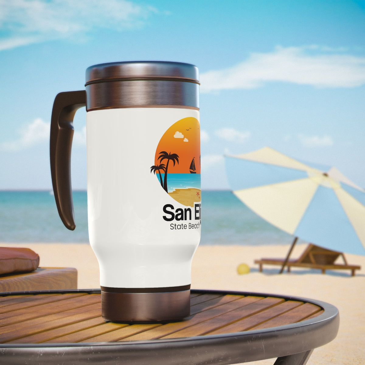 Stainless Steel Travel Mug with Handle, 14oz, San Elijo State Beach