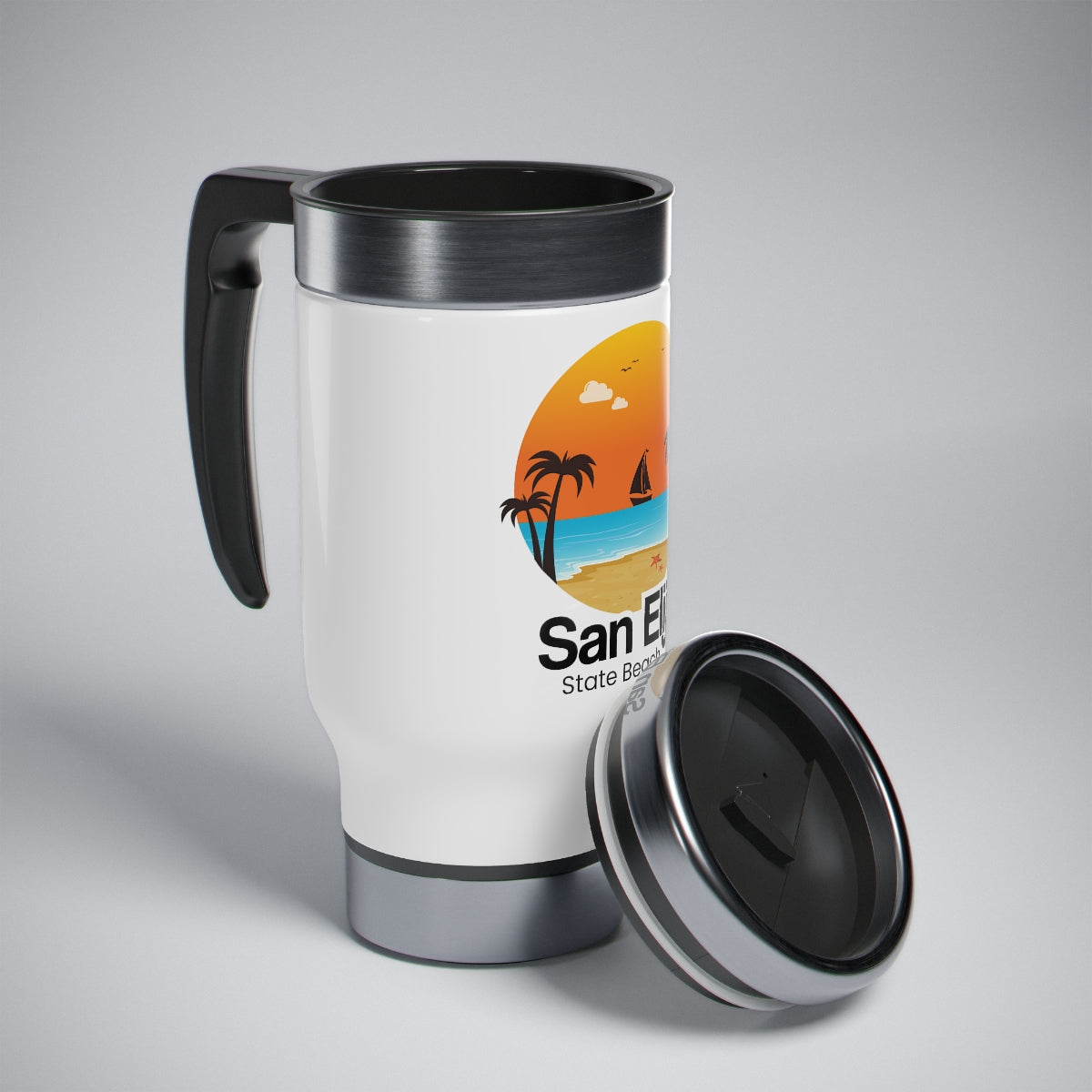 Stainless Steel Travel Mug with Handle, 14oz, San Elijo State Beach