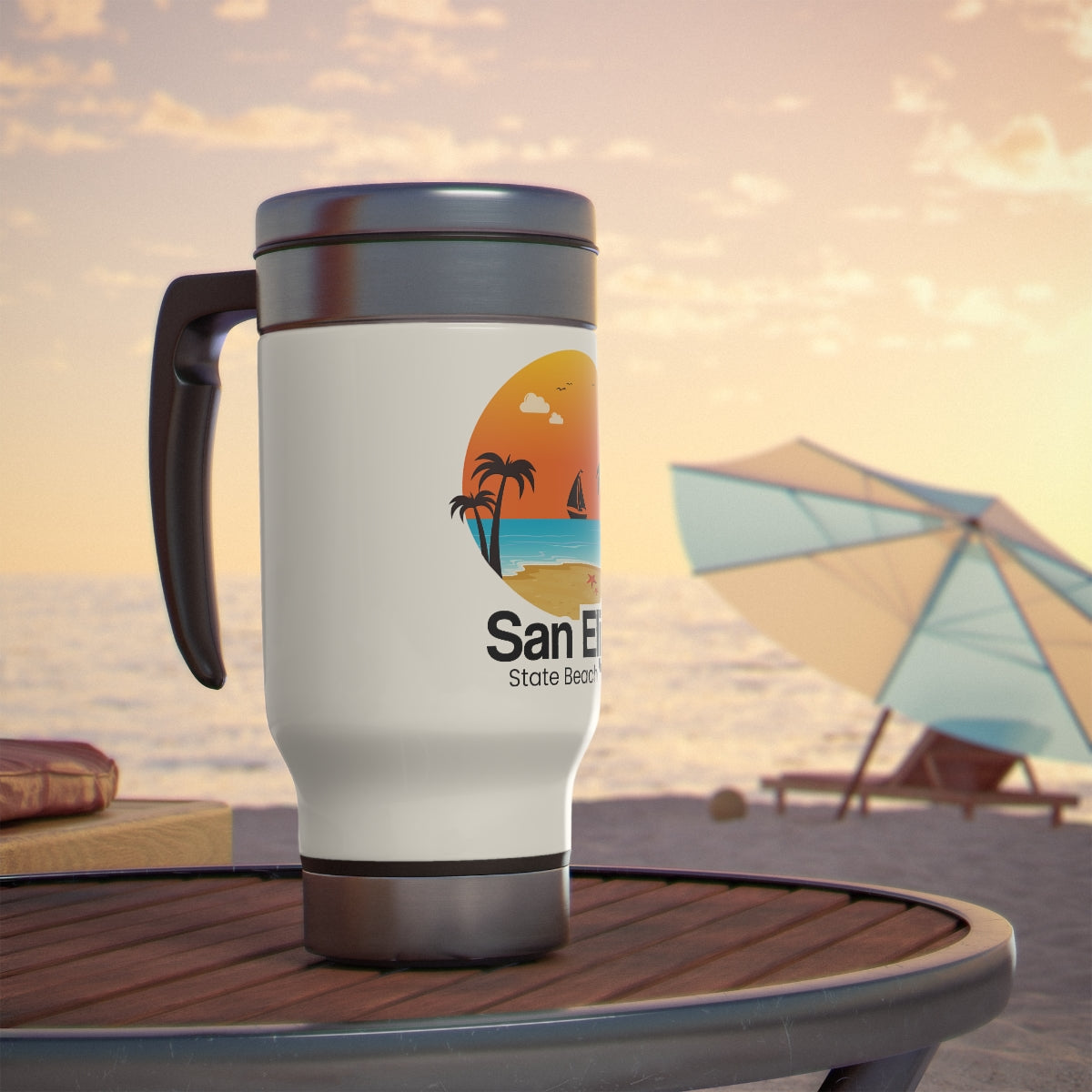 Stainless Steel Travel Mug with Handle, 14oz, San Elijo State Beach