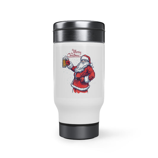 Stainless Steel Travel Mug with Handle, 14oz seasonal Santa toasting