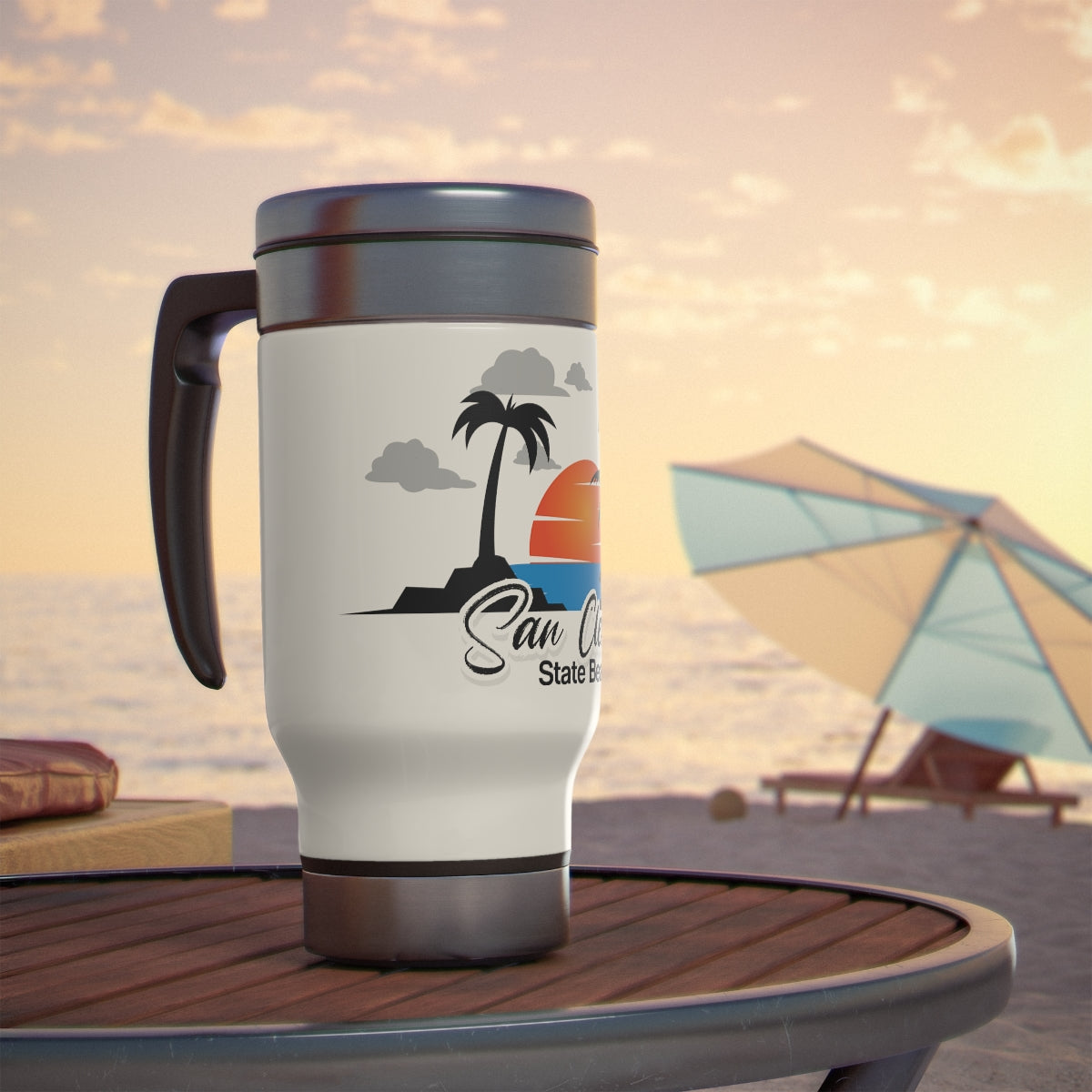 Stainless Steel Travel Mug with Handle, 14oz, San Clemente State Beach