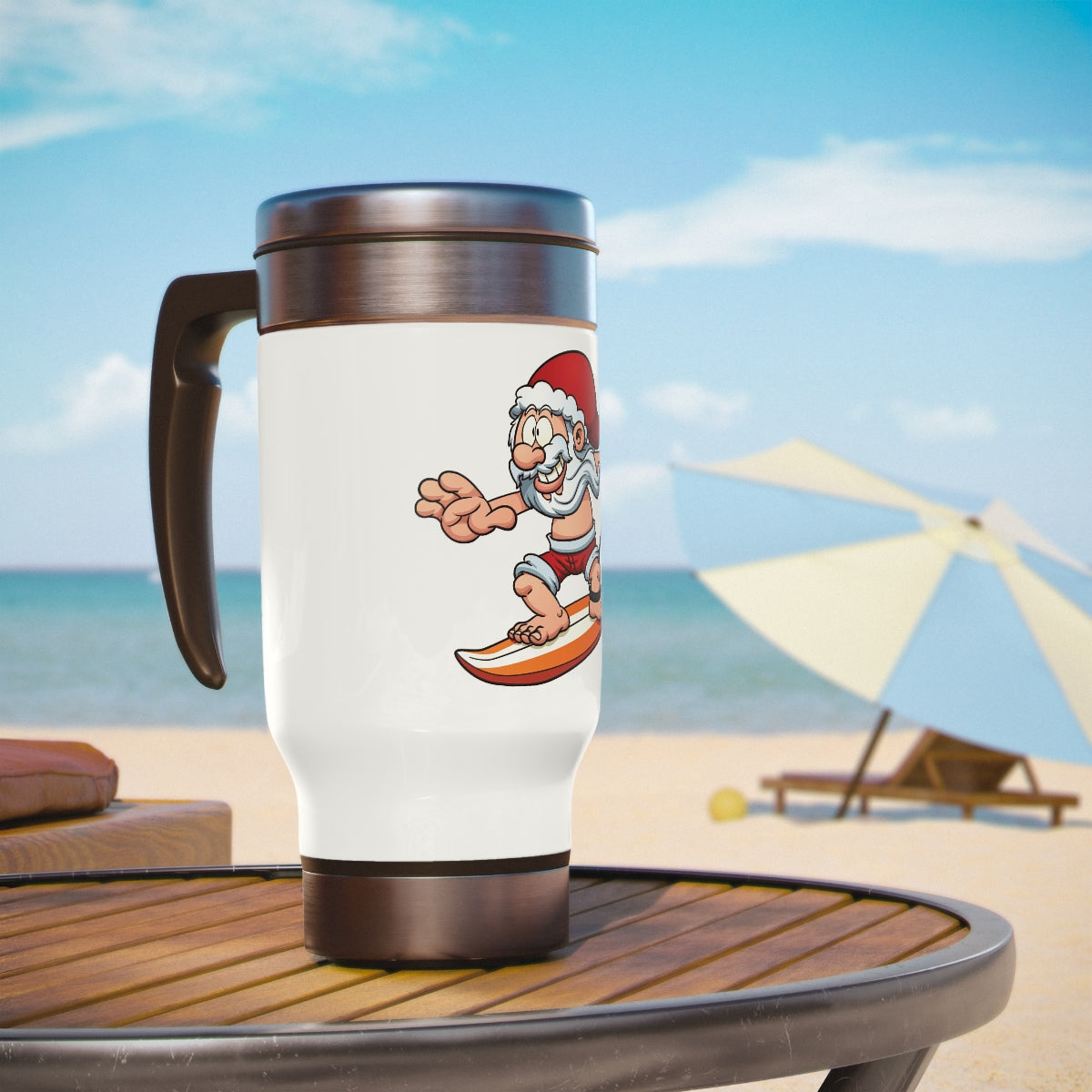 Stainless Steel Travel Mug with Handle, 14oz seasonal surfing Santa